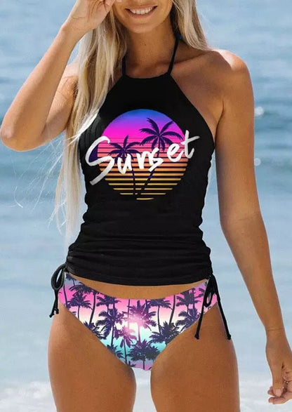 Tankini de Bain Gainant noir et rose avec motif palmier